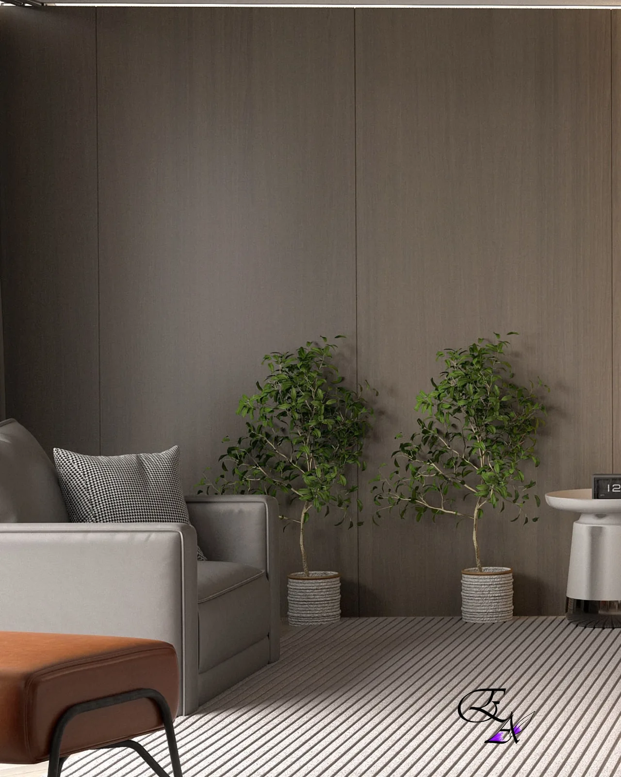 Koyu dikey ahşap panelli, nötr tonlu modern salon tasarımı