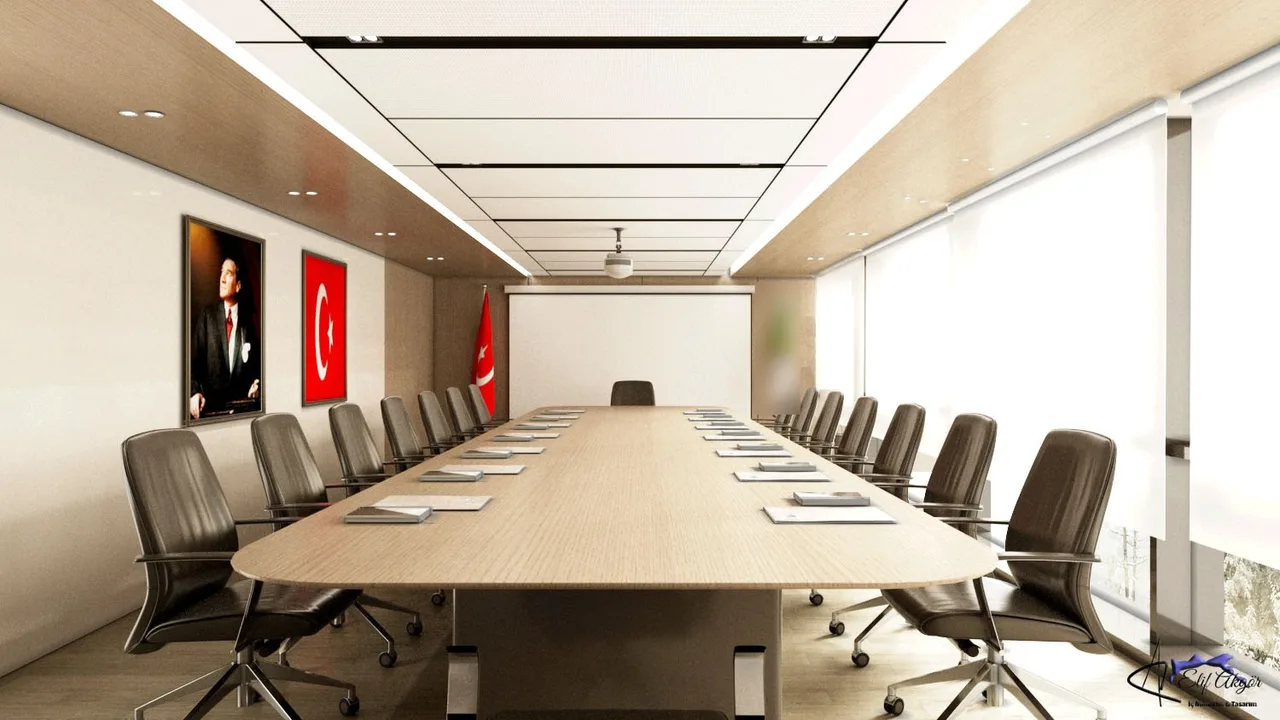 Uzun ahşap toplantı masası, deri sandalyeler ve gün ışığı alan cepheli toplantı salonu